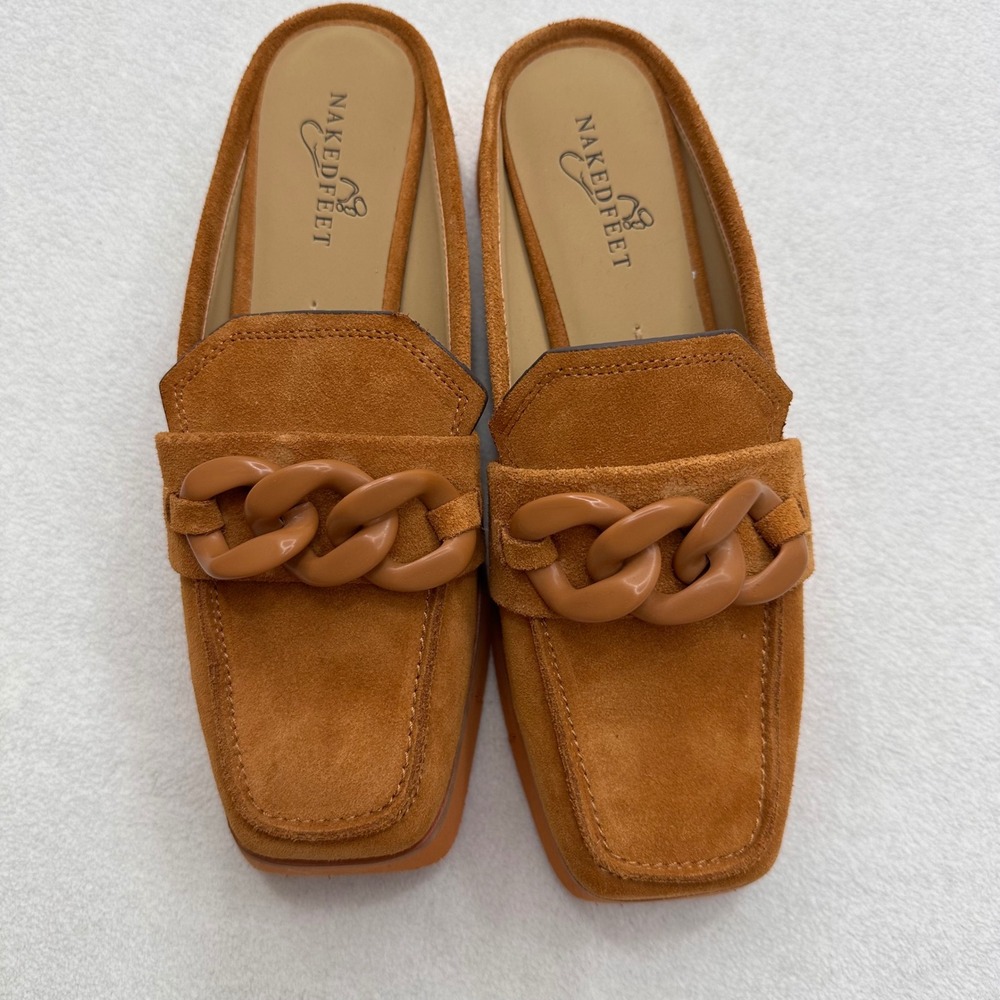Naked Feet NWOT Elect Brown Suede Platform Mule Loafers Chain Square Womens 8M